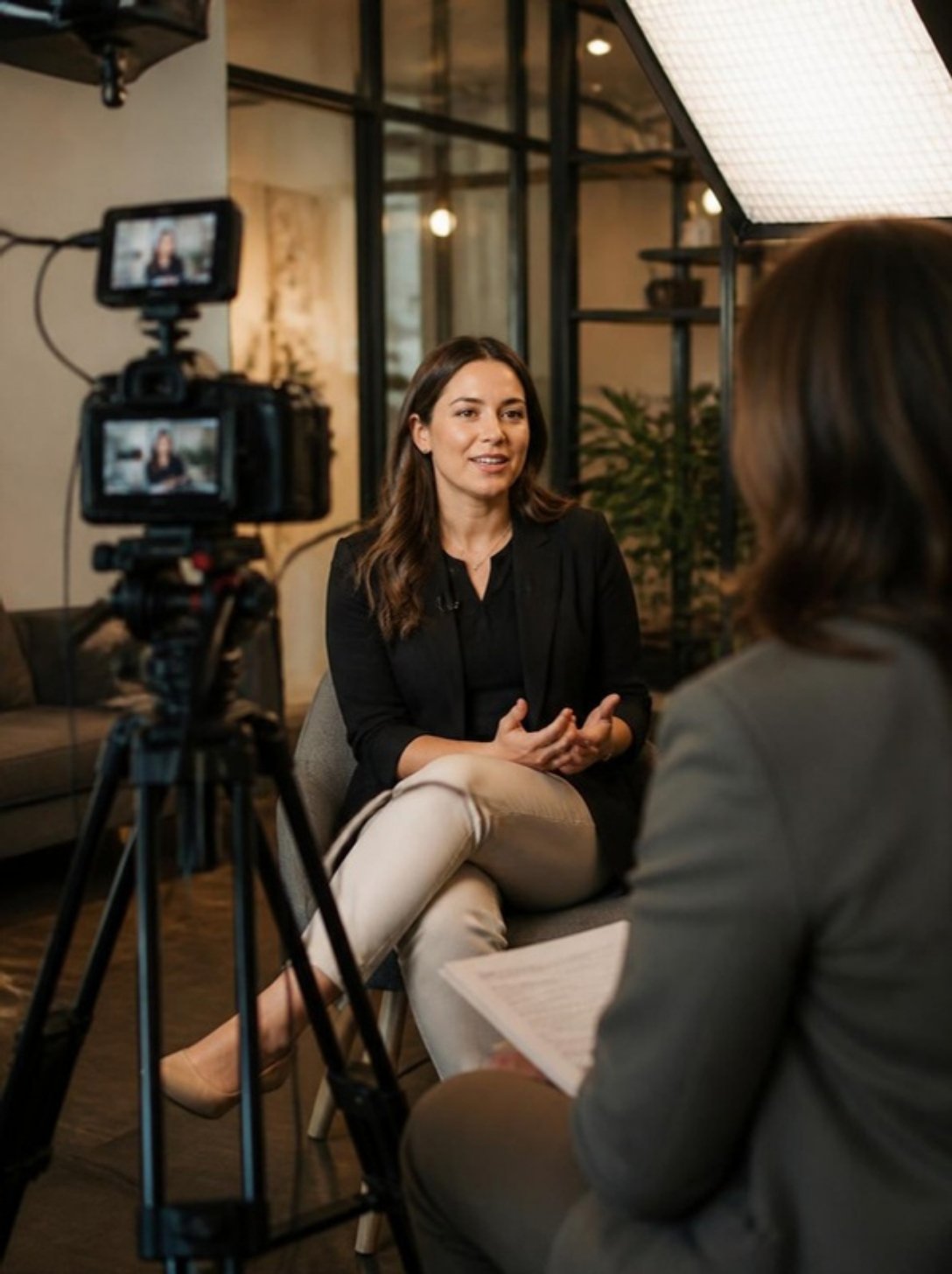 Video crew filming a business owner for a client testimonial video