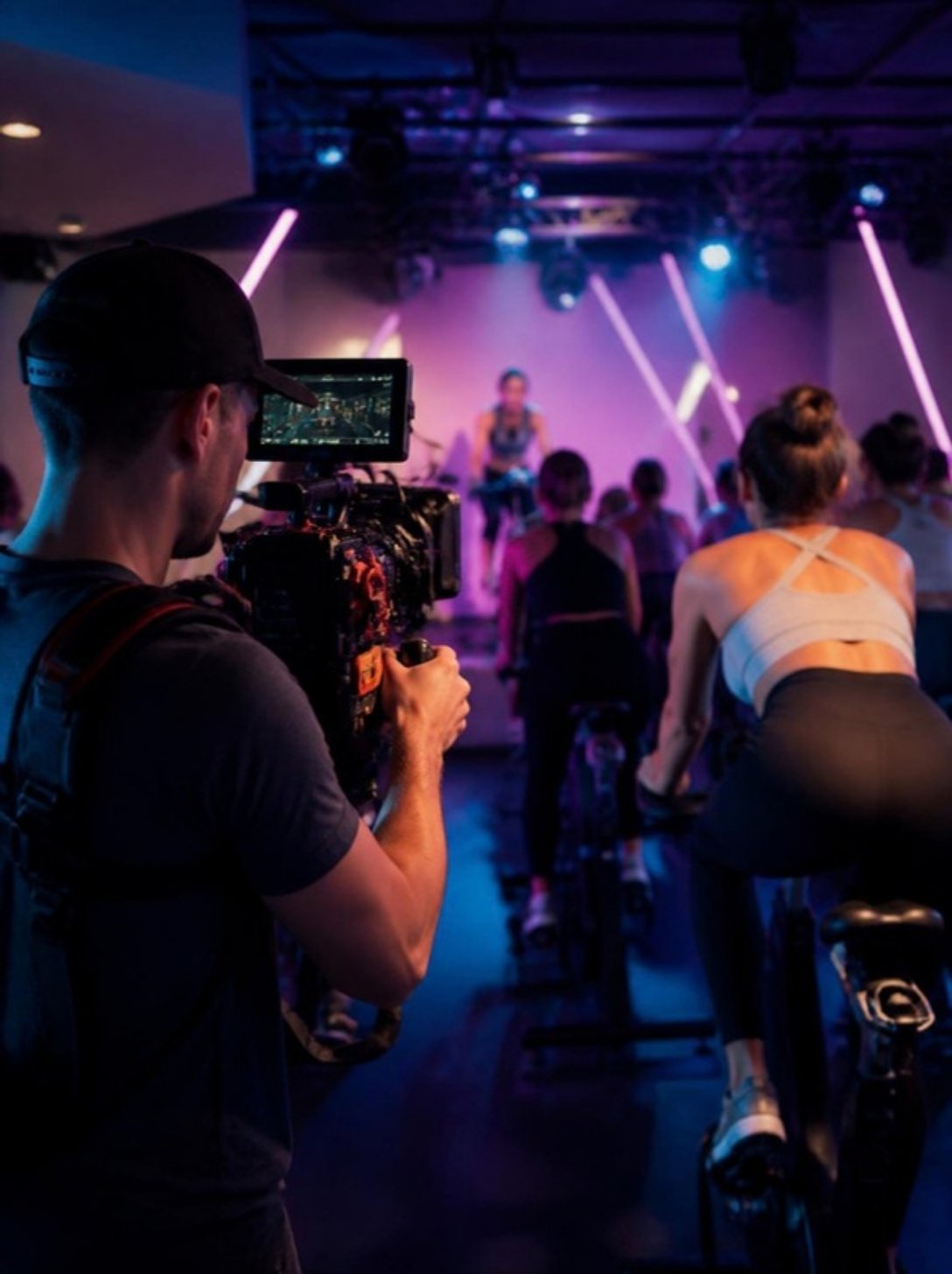 Camera operator filming an indoor cycling class for a fitness class promo video