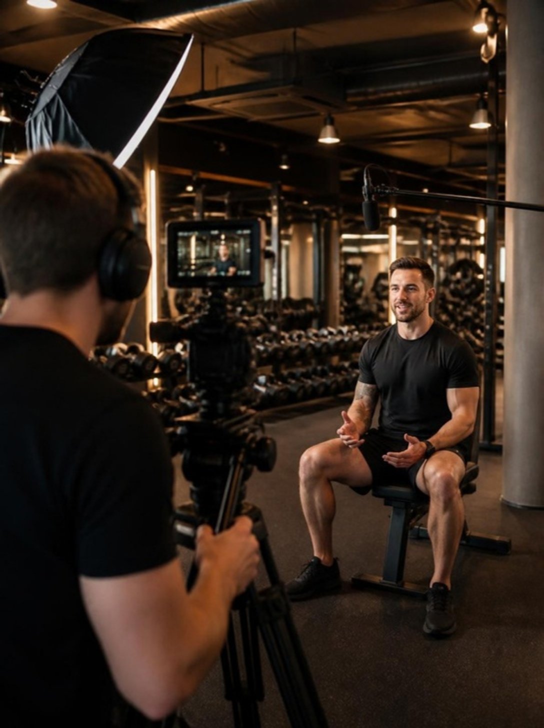 Video production crew interviewing a personal trainer in an Orlando gym