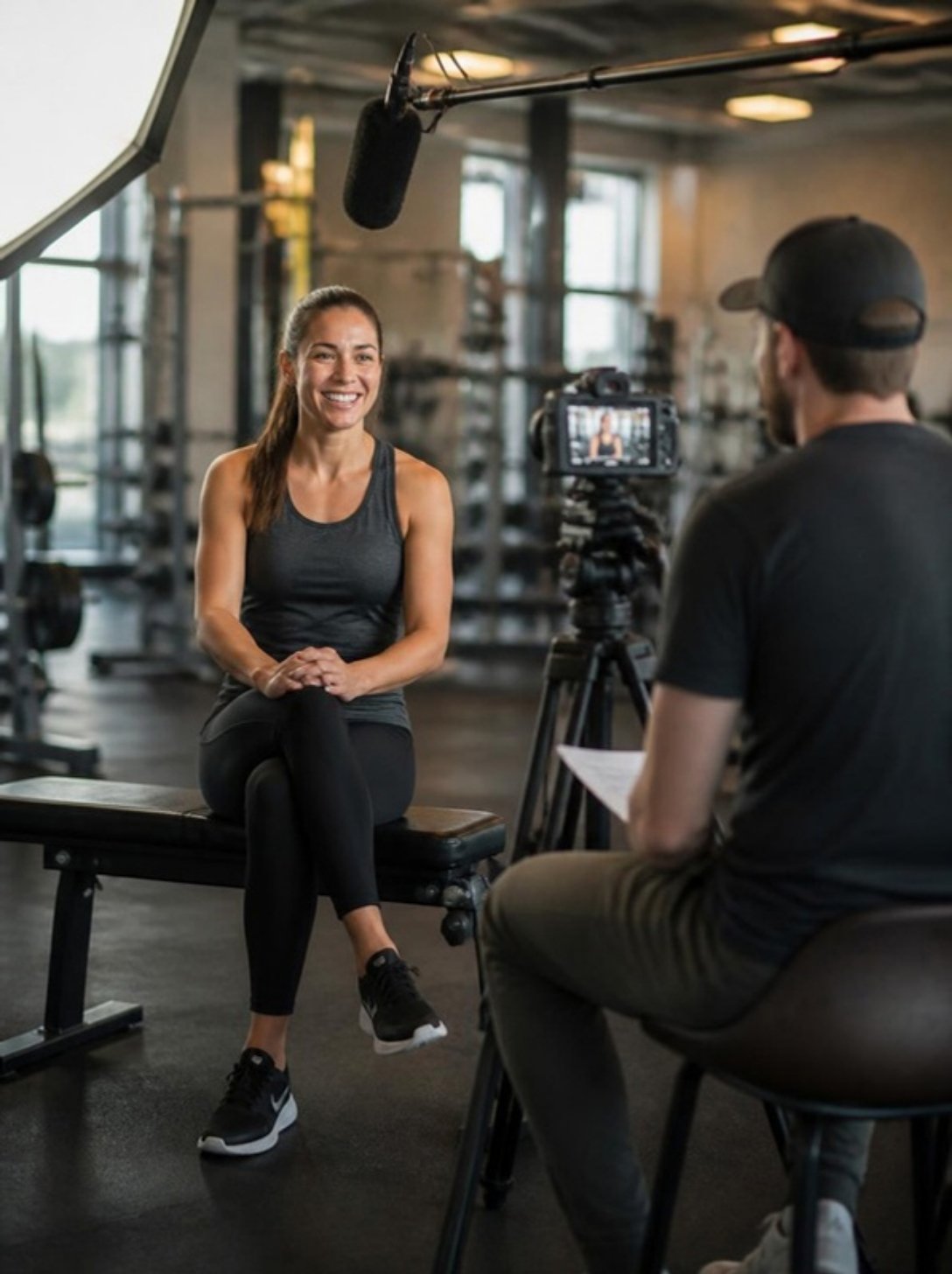 Video crew interviewing a gym member for a member story video