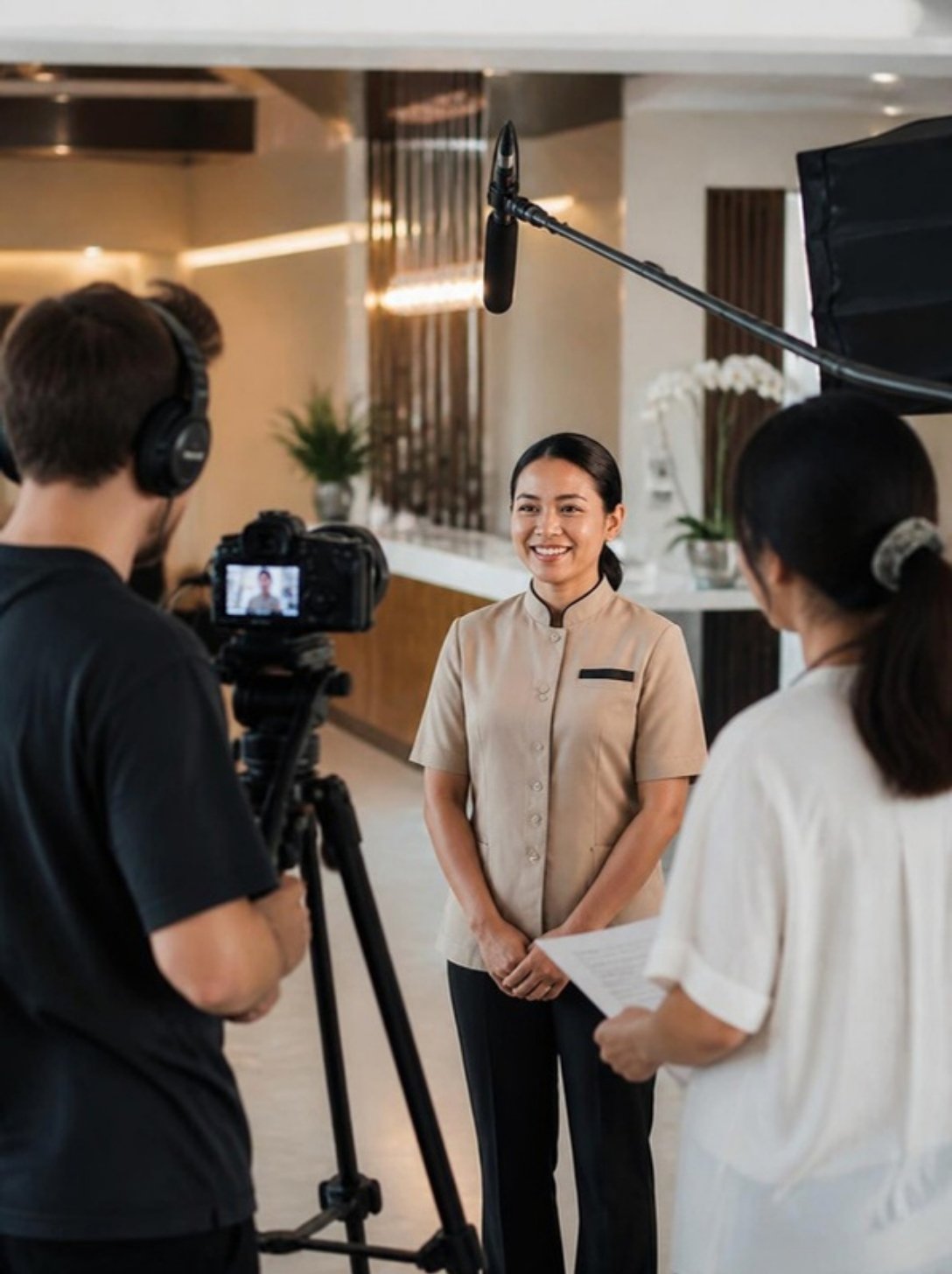 Video crew interviewing a hotel staff member for a hospitality recruitment video