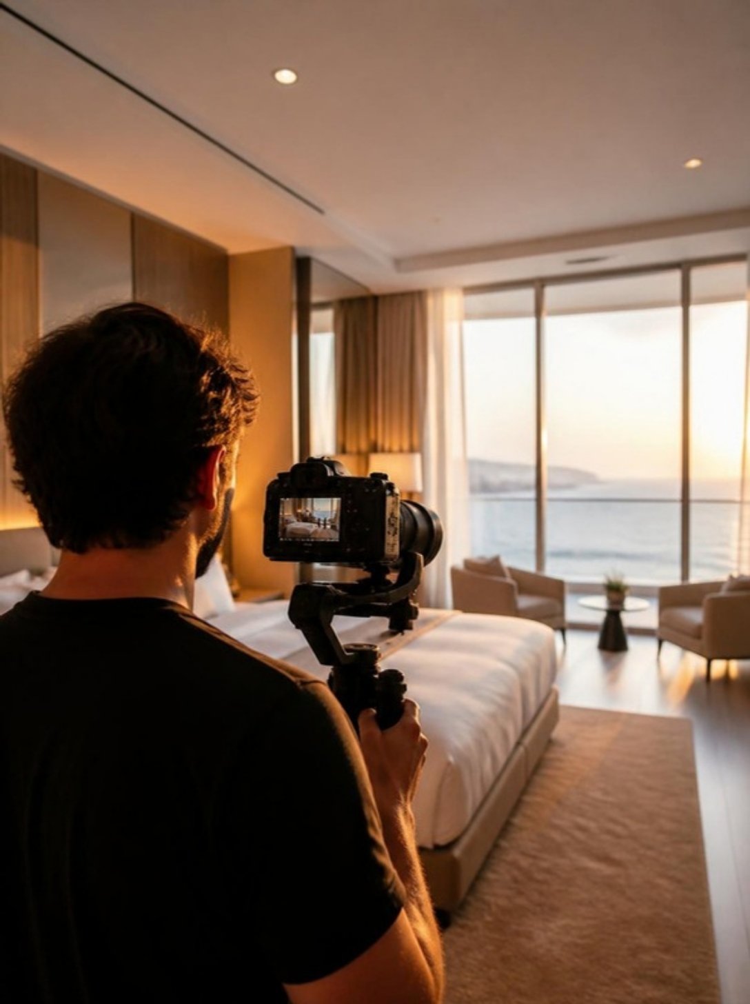Videographer filming a luxury hotel suite with ocean views for a room tour video