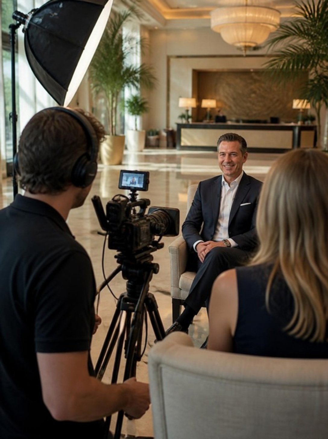 Video production crew interviewing a hotel general manager in an Orlando resort lobby