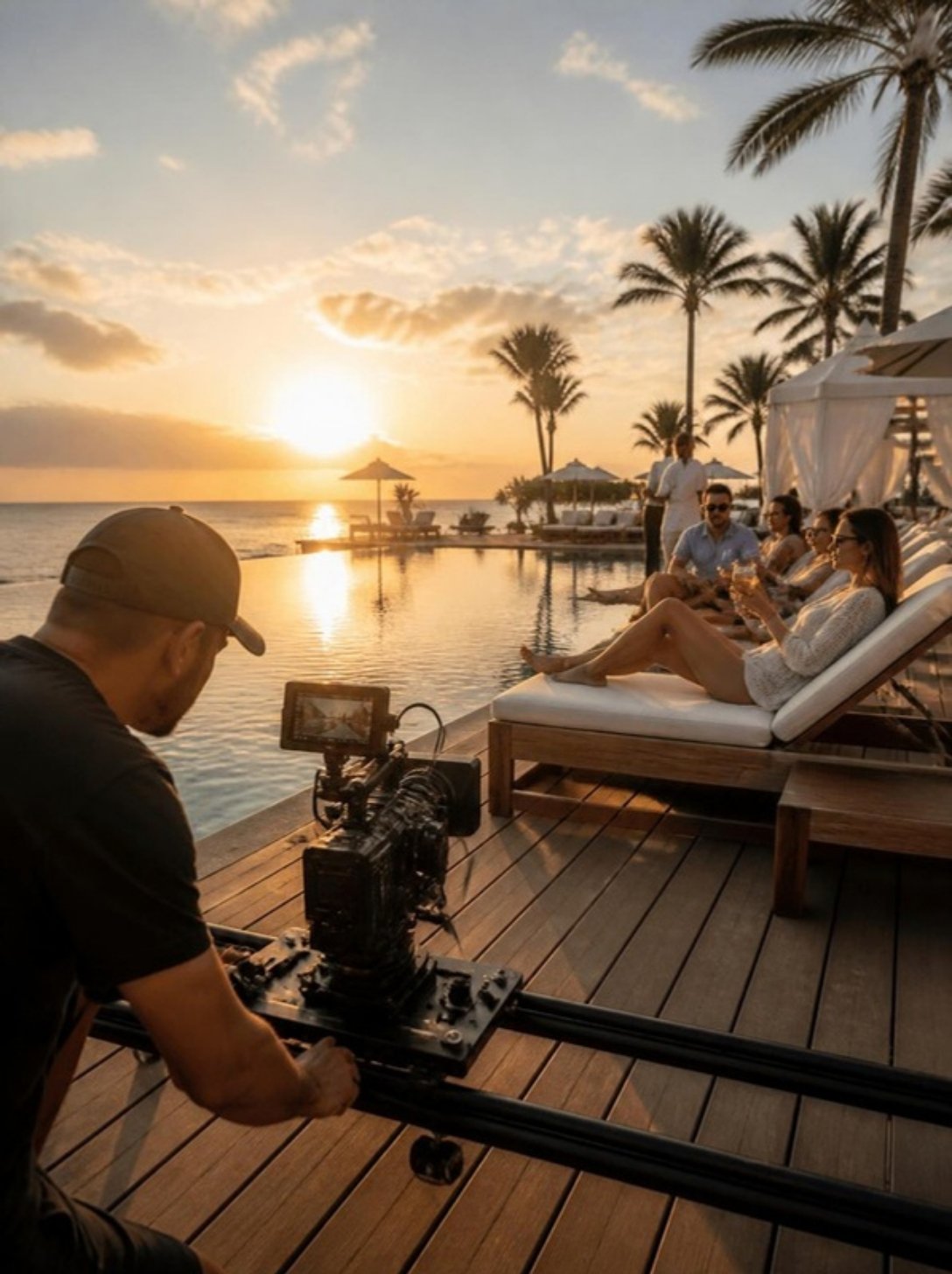 Camera crew filming guests relaxing at a resort pool at sunset for a hotel amenity video