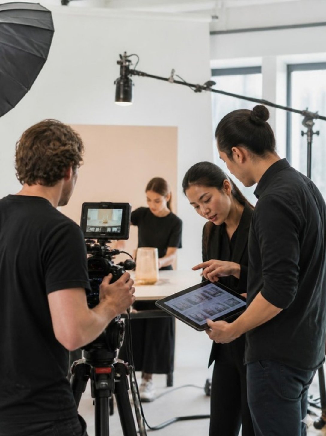 Video crew filming a product shoot while agency marketers review the storyboard